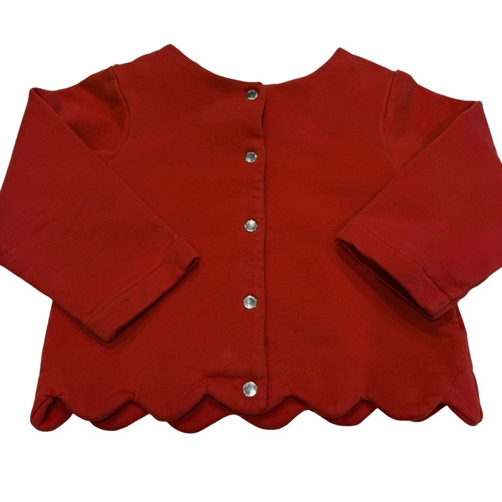 Jacadi Paris Girls Cardigan Cotton Red Scalloped Hem Snap Close  Sz  24 Mo EUC